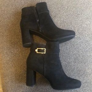 Black platform booties with gold buckle 31/2 inch heel
